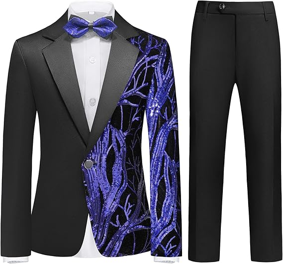 Boy's 2-Piece Navy Sequin Branches Black Suit Tuxedo
