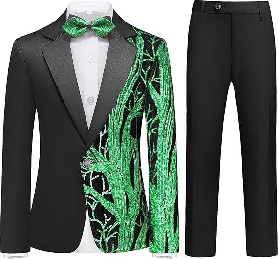 Boy's 2-Piece Green Sequin Branches Black Suit Tuxedo