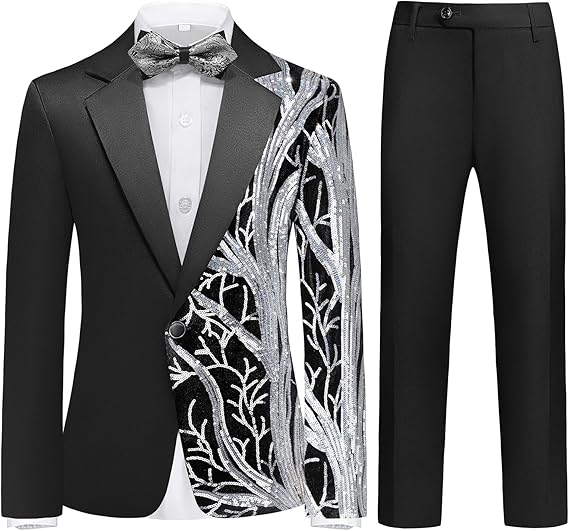 Boy's 2-Piece Silver Sequin Branches Black Suit Tuxedo