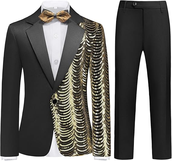 Boy's 2-Piece Gold Sequin Water Ripples Black Dress