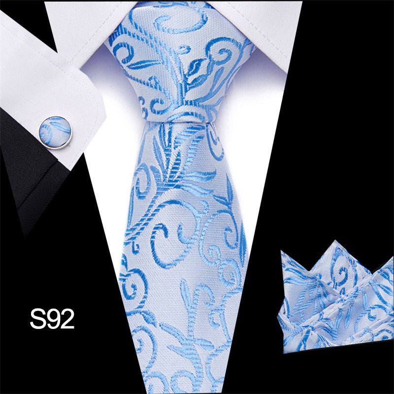 Tie Pocket Square Cufflink Set With Blue Pattern