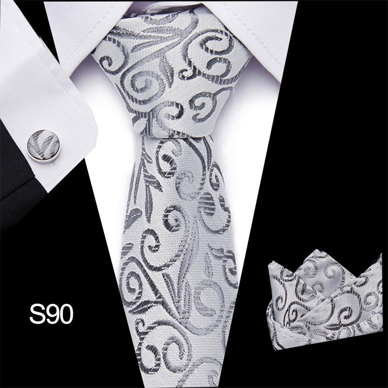 Tie Pocket Square Cufflink Set With Silver Pattern