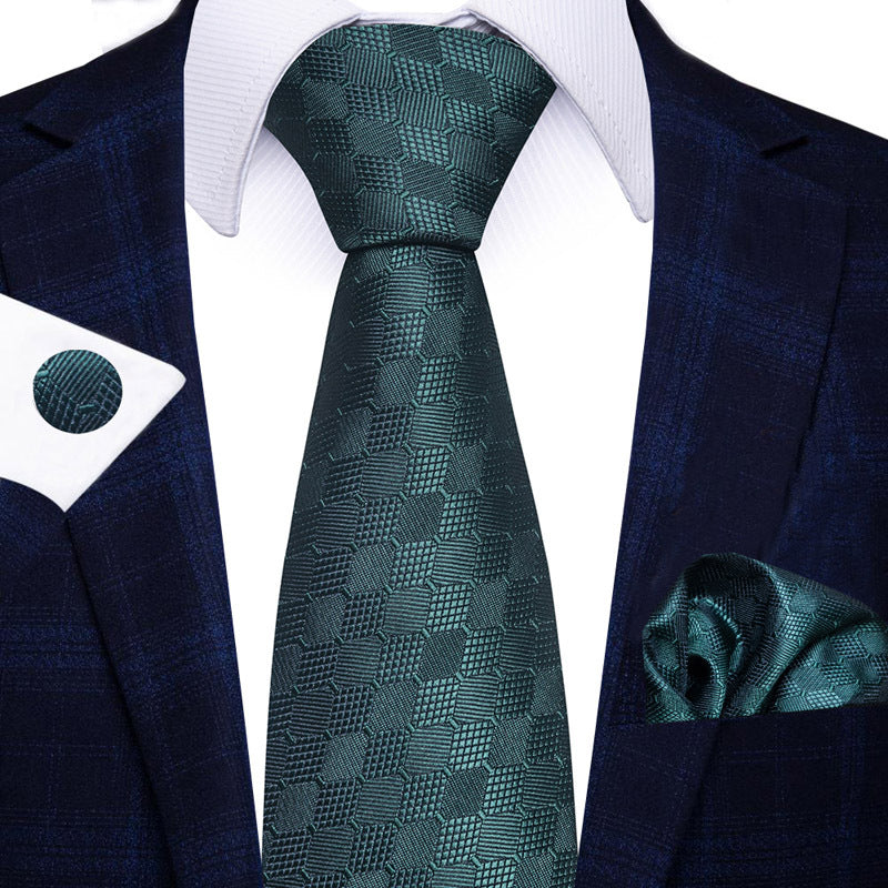 Men's Solid Dark Green Plaid Tie Pocket Square Cufflinks Combination