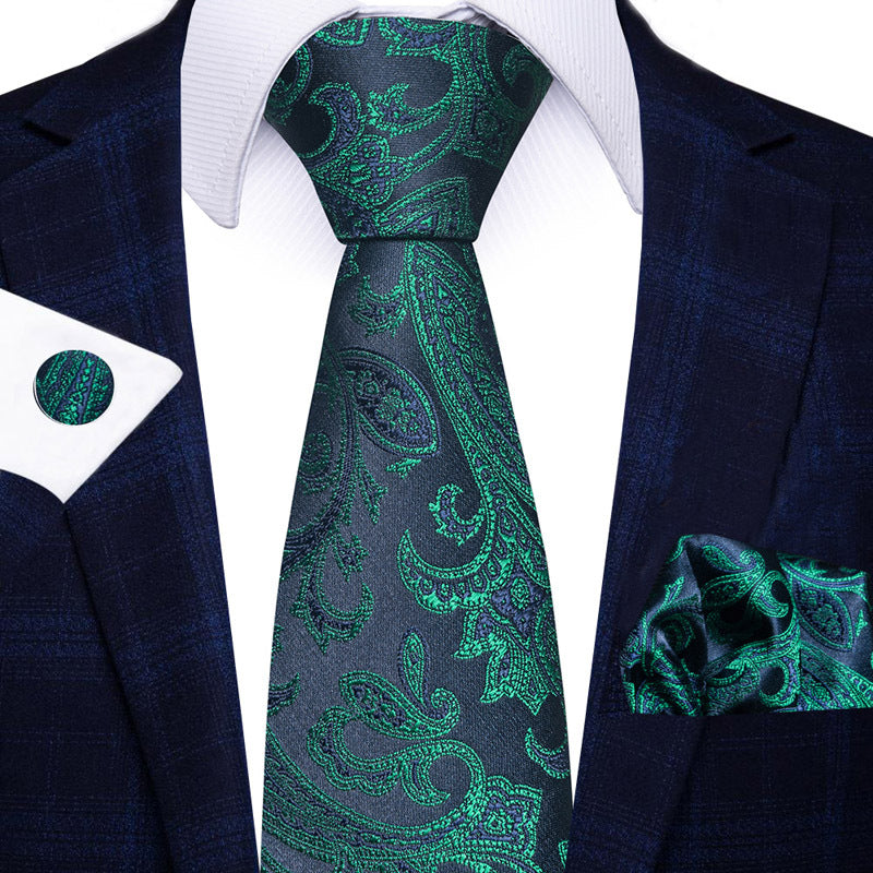 Men's Solid Dark Green Paisley Tie Pocket Square Cufflinks Combination