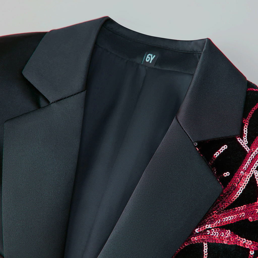 Boy's 2-Piece Red Sequin Branches Black Suit Tuxedo