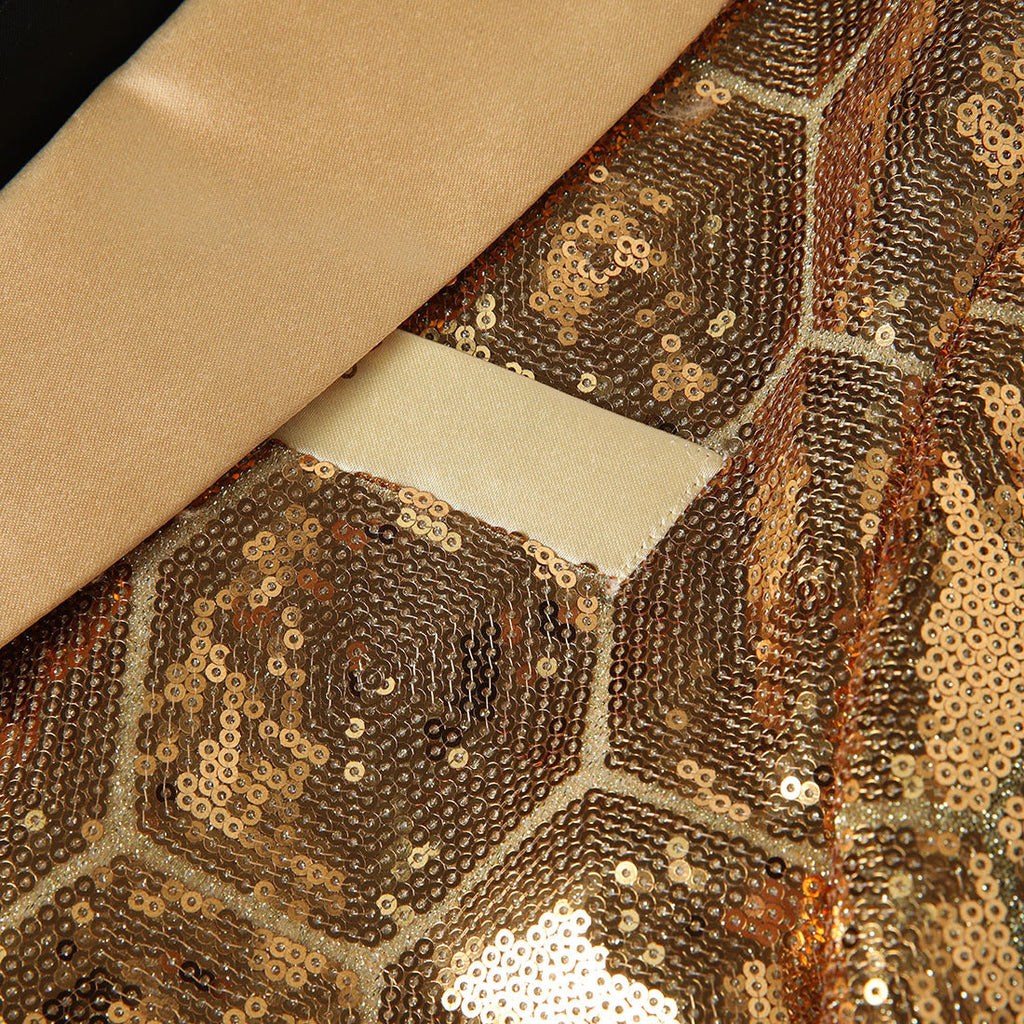 Men's Shawl Collar Hexagonal Gold Sequin Tuxedo