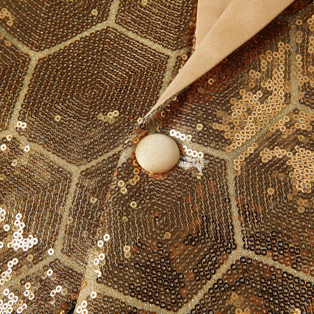 Men's Shawl Collar Hexagonal Gold Sequin Tuxedo