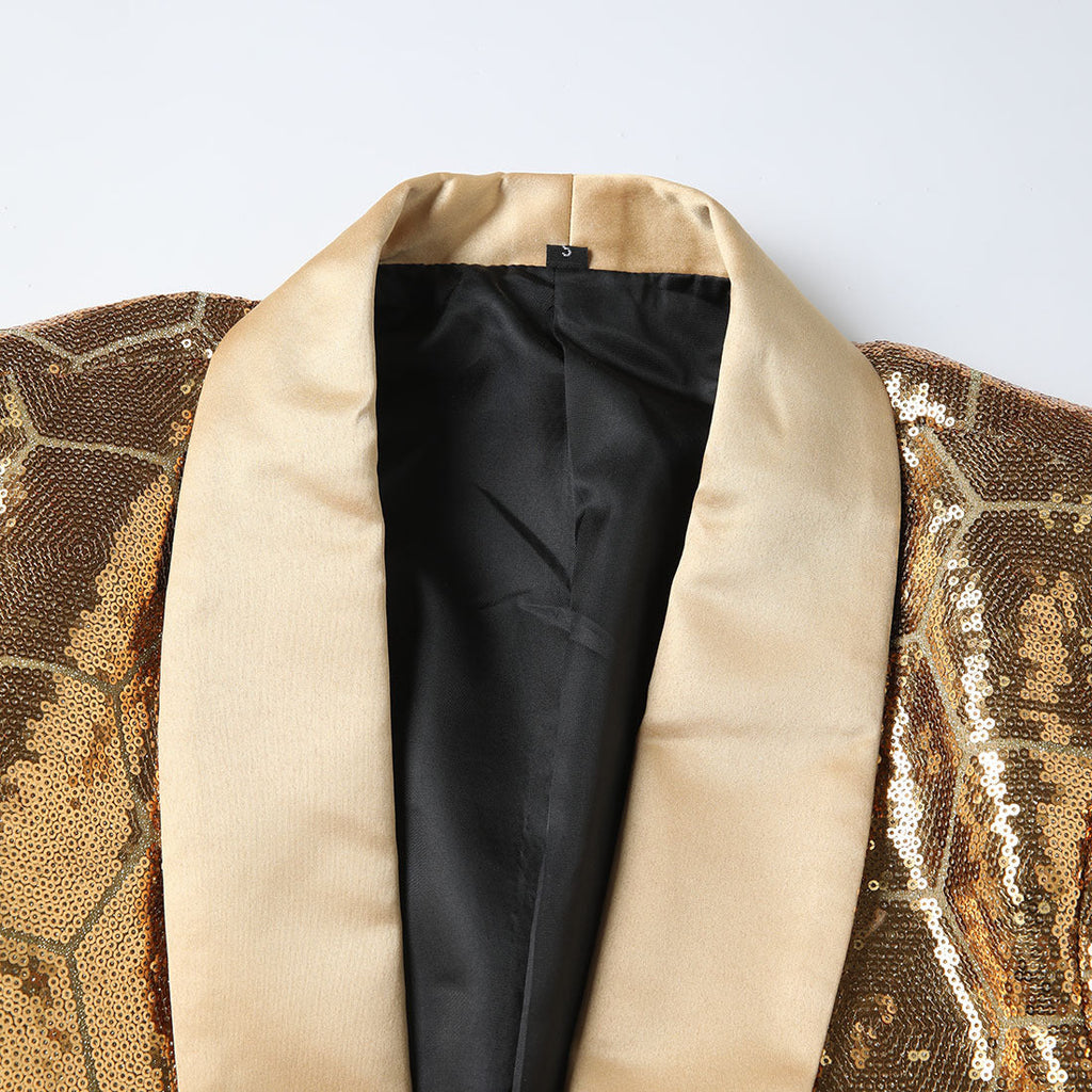 Men's Shawl Collar Hexagonal Gold Sequin Tuxedo