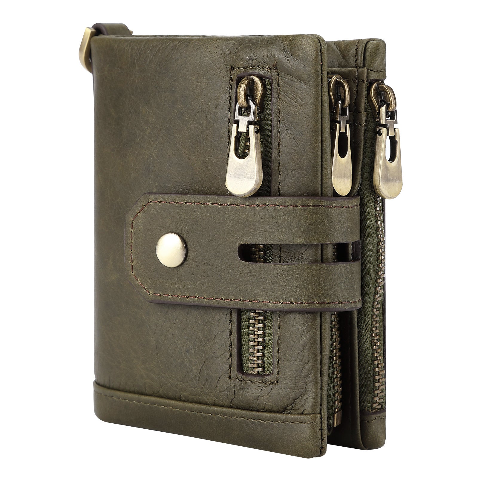 Genuine Leather RFID Zipper Green Wallet for Men