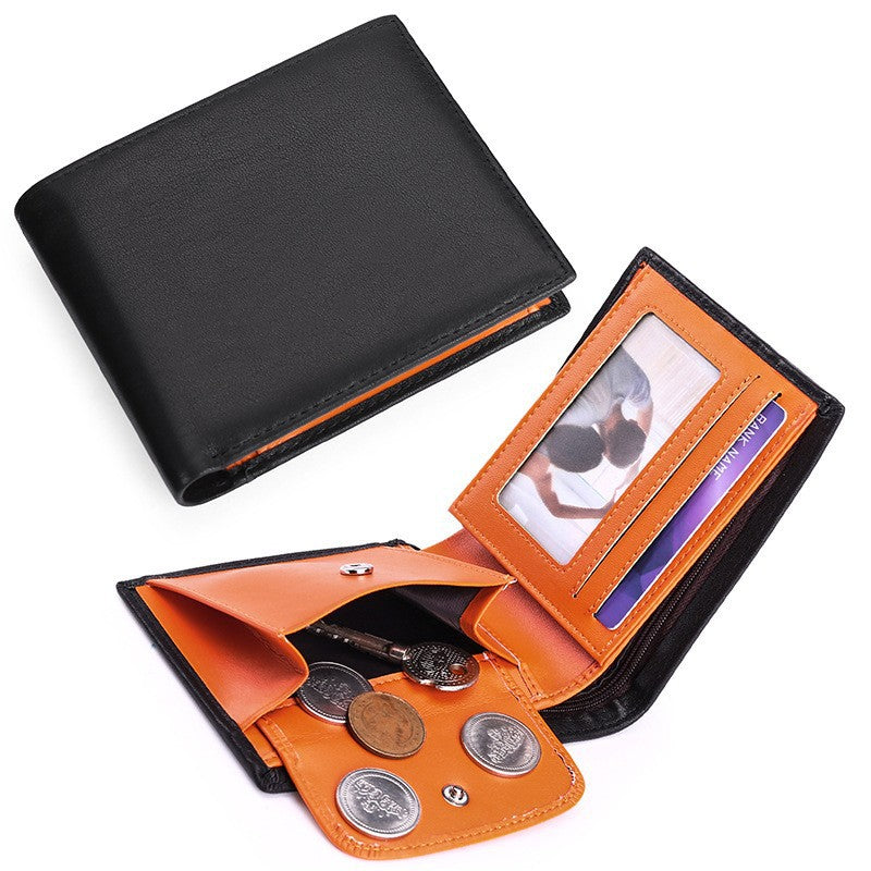 Men’s Black & Orange Leather Trifold Wallet – RFID Blocking & Coin Pocket