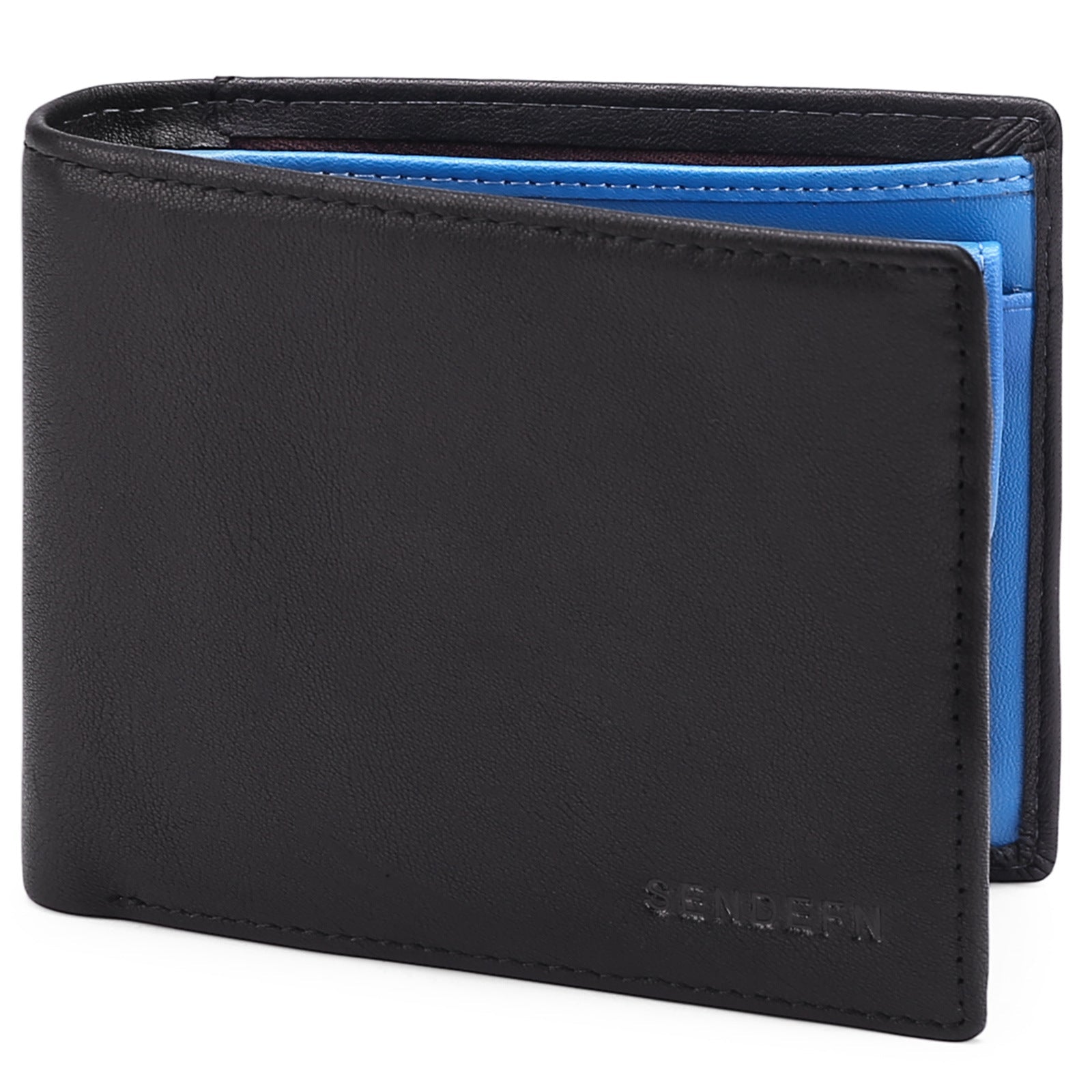 Men’s Black & Navy Leather Trifold Wallet – RFID Blocking & Coin Pocket