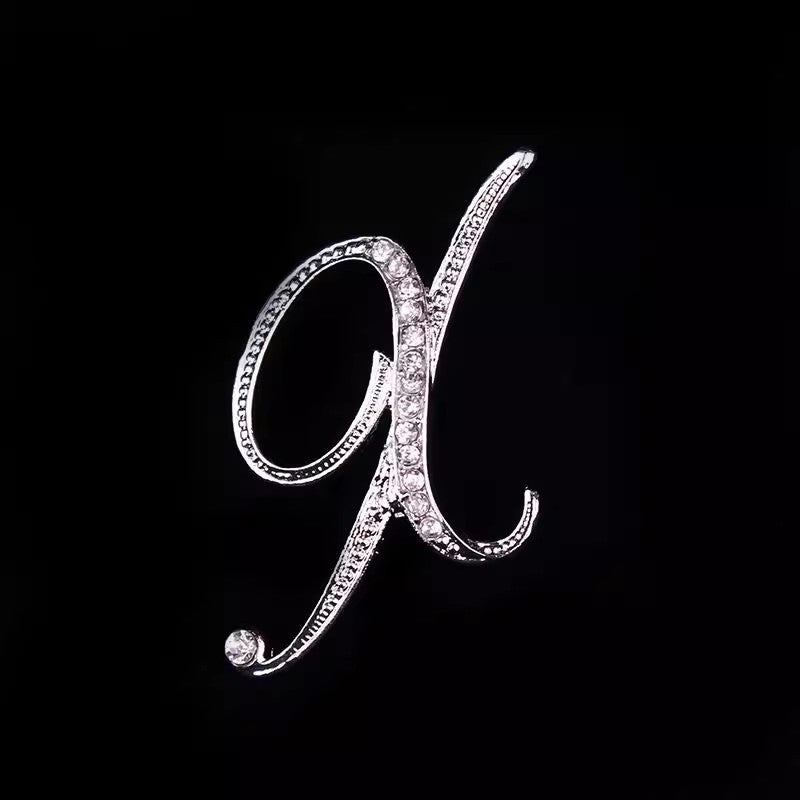 26 Letter Rhinestone Initial Brooch Pin Silver