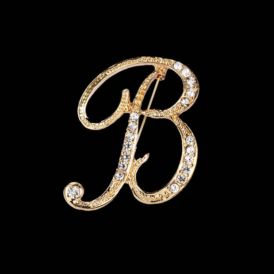 26 Letter Rhinestone Initial Brooch Pin Gold