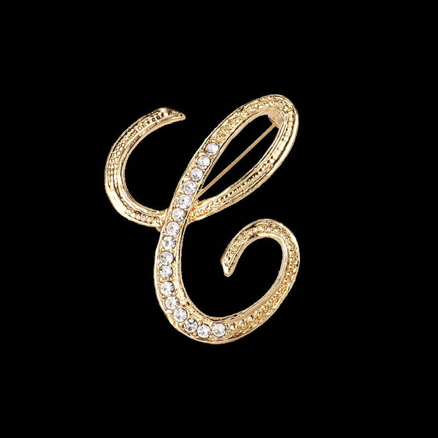 26 Letter Rhinestone Initial Brooch Pin Gold