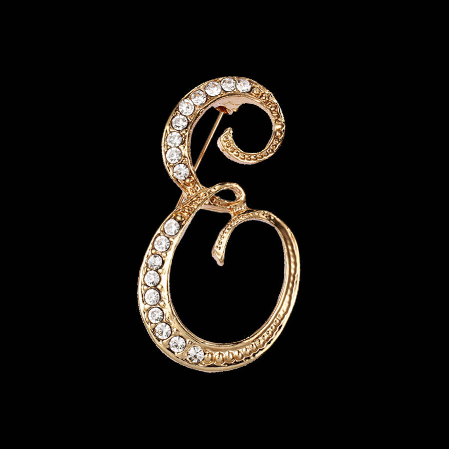 26 Letter Rhinestone Initial Brooch Pin Gold