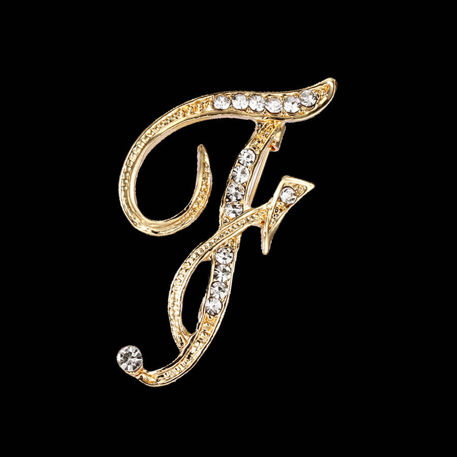 26 Letter Rhinestone Initial Brooch Pin Gold