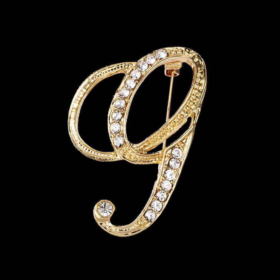 26 Letter Rhinestone Initial Brooch Pin Gold