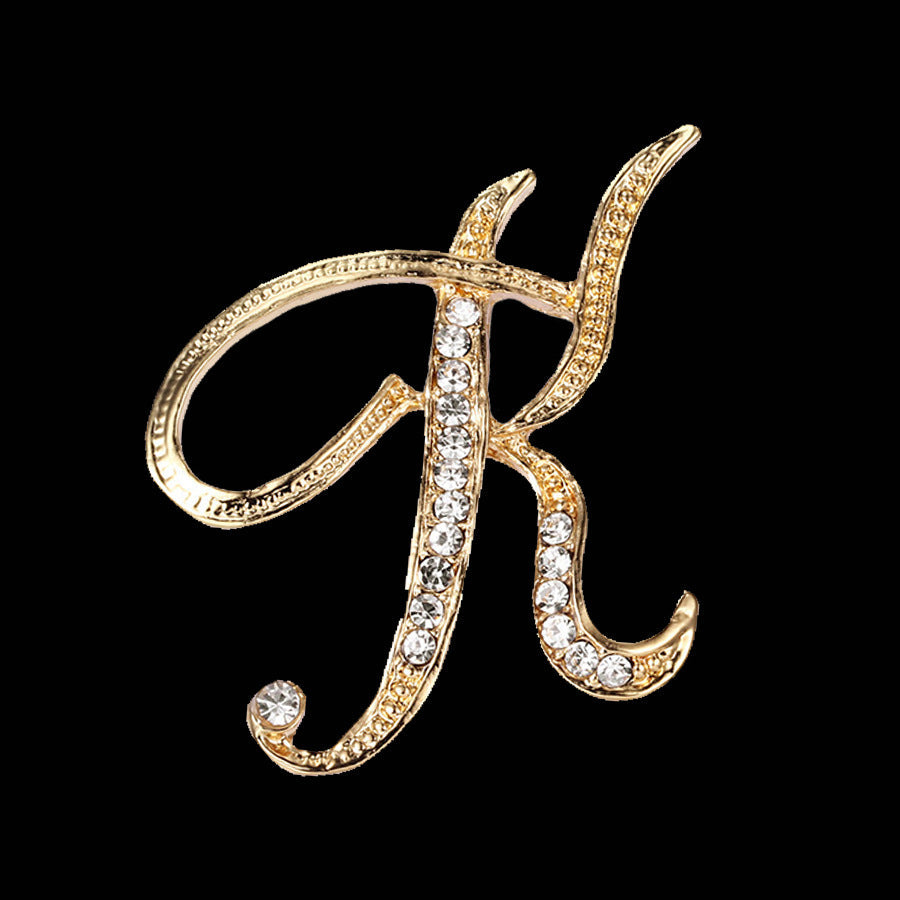 26 Letter Rhinestone Initial Brooch Pin Gold