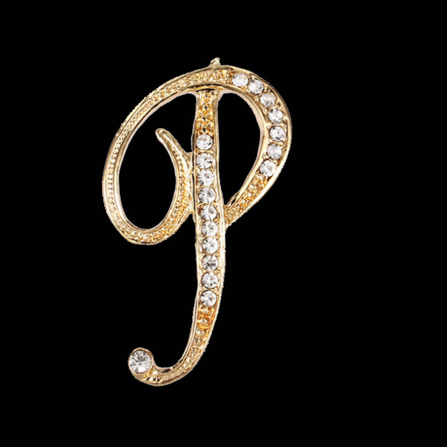 26 Letter Rhinestone Initial Brooch Pin Gold
