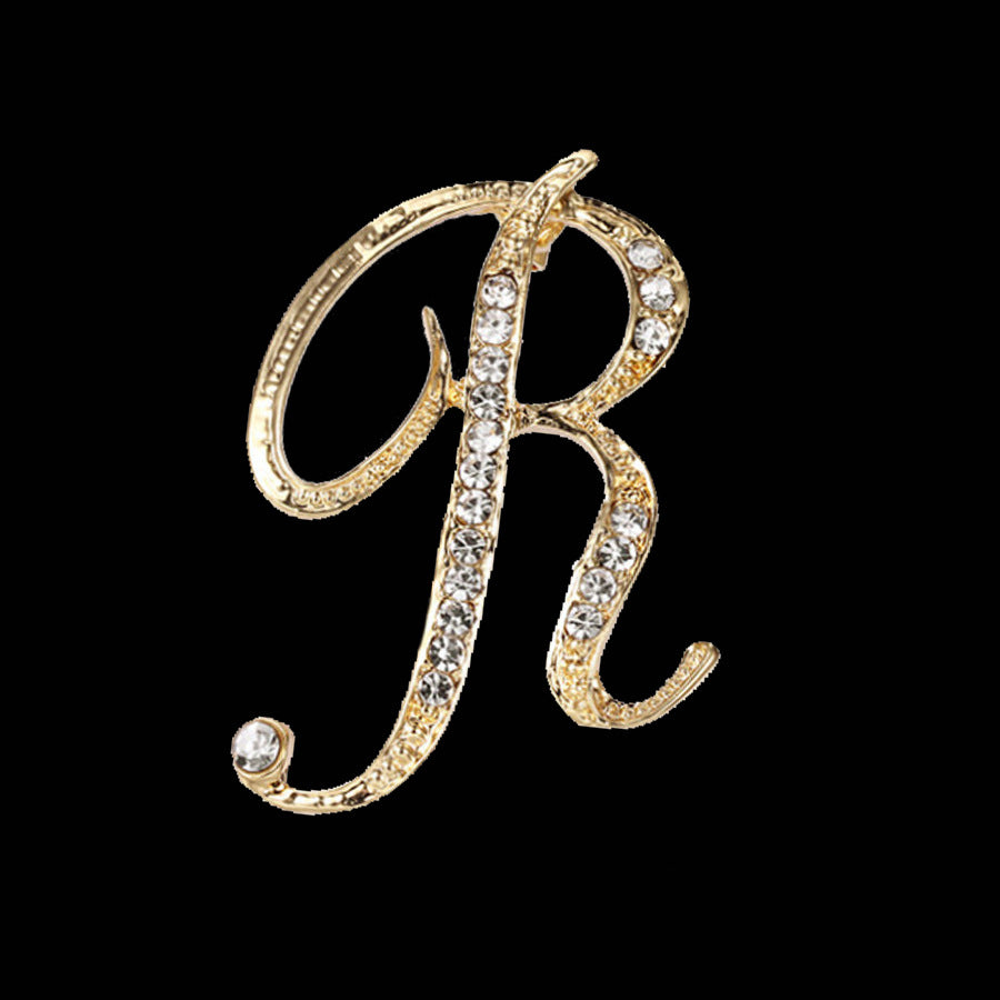 26 Letter Rhinestone Initial Brooch Pin Gold