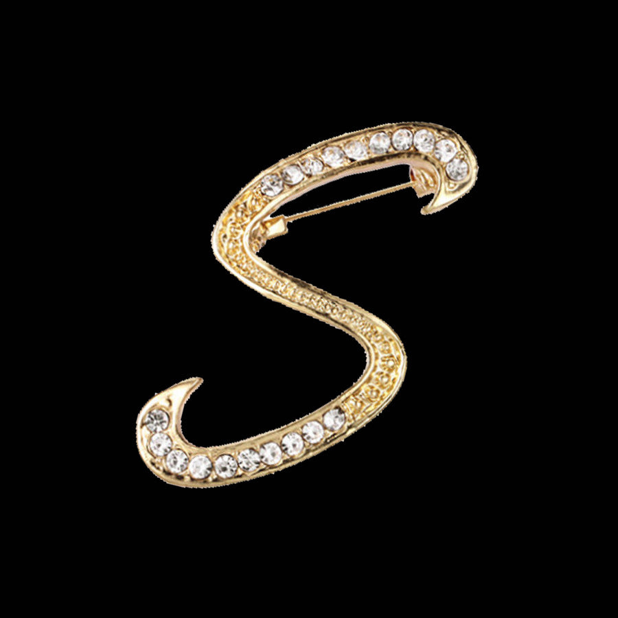 26 Letter Rhinestone Initial Brooch Pin Gold