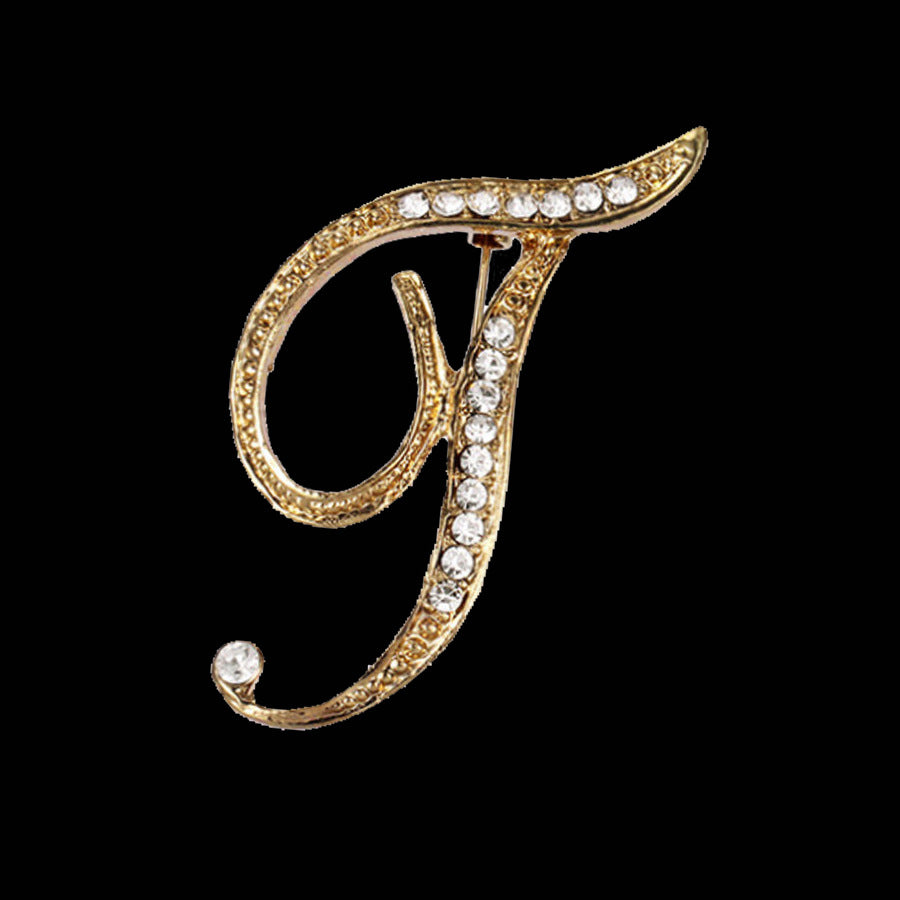26 Letter Rhinestone Initial Brooch Pin Gold