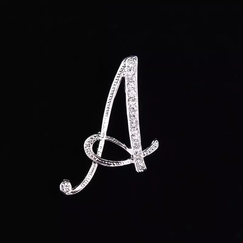 26 Letter Rhinestone Initial Brooch Pin Silver