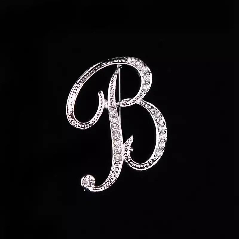 26 Letter Rhinestone Initial Brooch Pin Silver