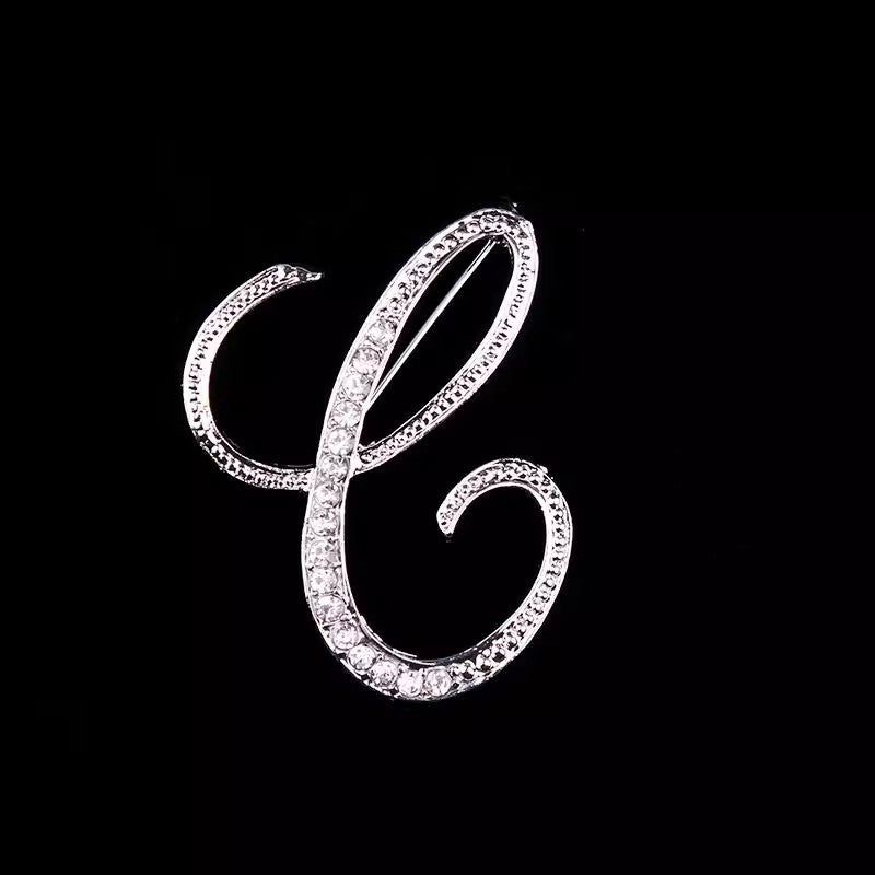 26 Letter Rhinestone Initial Brooch Pin Silver
