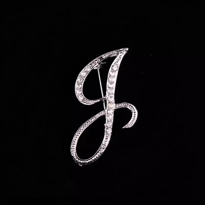 26 Letter Rhinestone Initial Brooch Pin Silver