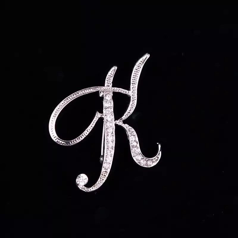 26 Letter Rhinestone Initial Brooch Pin Silver