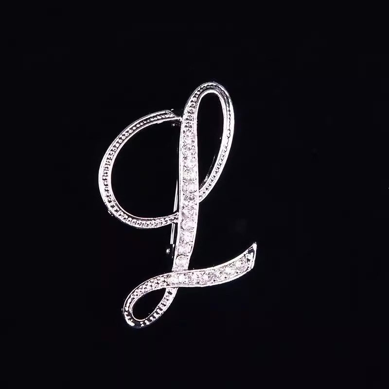 26 Letter Rhinestone Initial Brooch Pin Silver