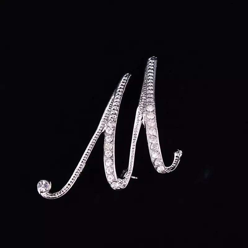 26 Letter Rhinestone Initial Brooch Pin Silver