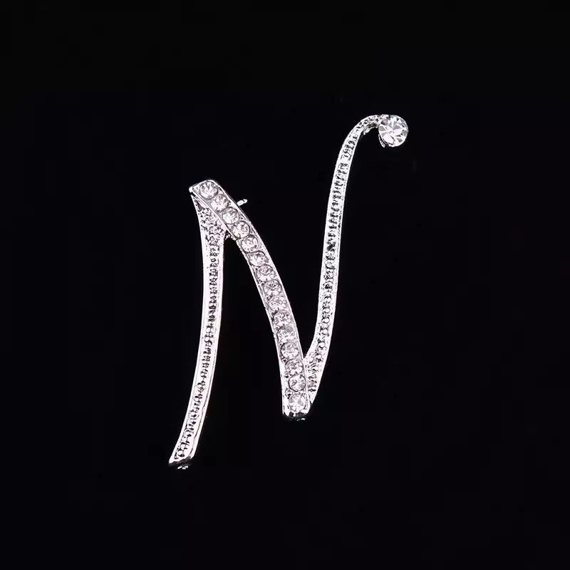 26 Letter Rhinestone Initial Brooch Pin Silver