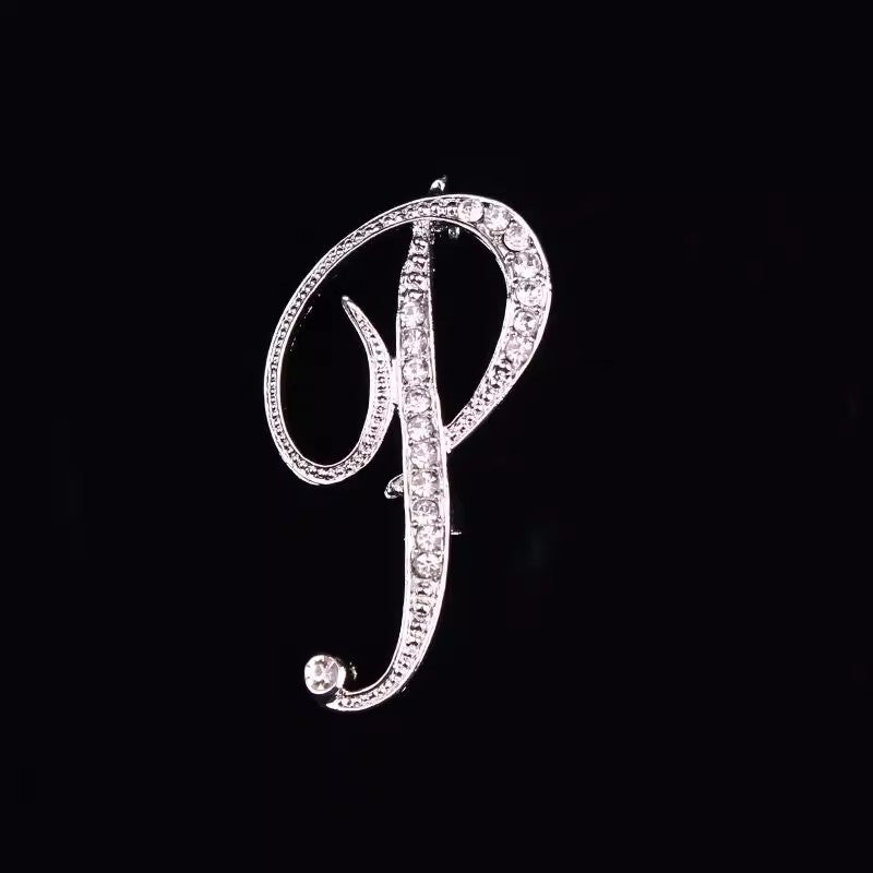 26 Letter Rhinestone Initial Brooch Pin Silver