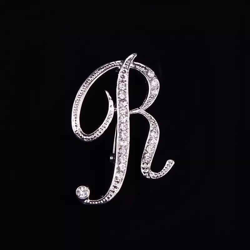26 Letter Rhinestone Initial Brooch Pin Silver