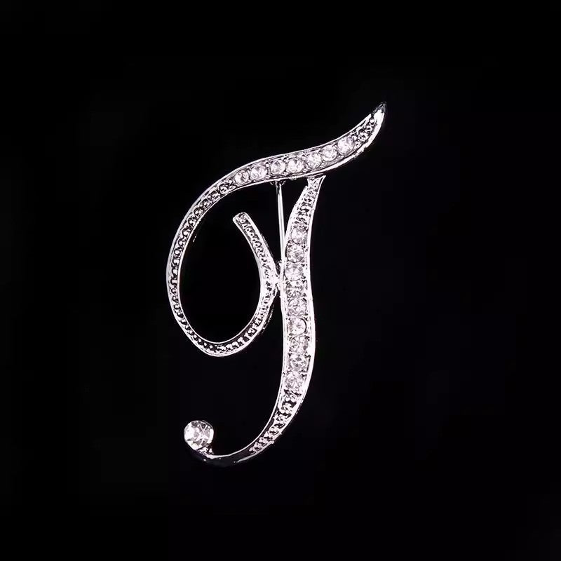 26 Letter Rhinestone Initial Brooch Pin Silver
