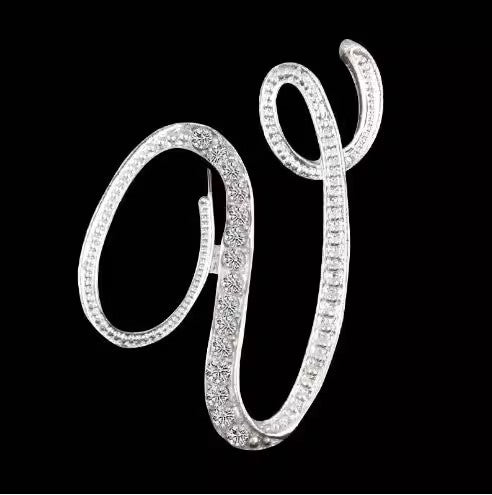 26 Letter Rhinestone Initial Brooch Pin Silver