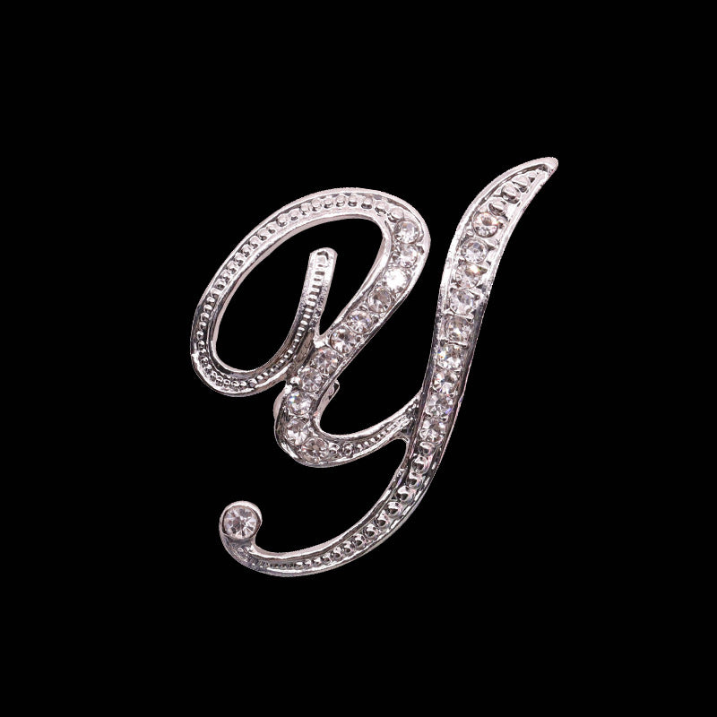 26 Letter Rhinestone Initial Brooch Pin Silver