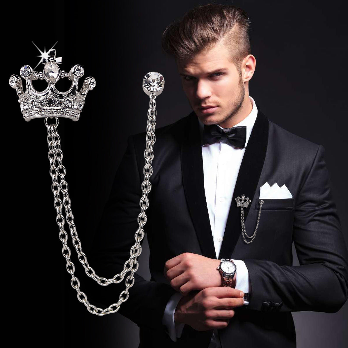 Crown Chain Brooch for Men – Stylish Lapel Pin with 20 Color Options