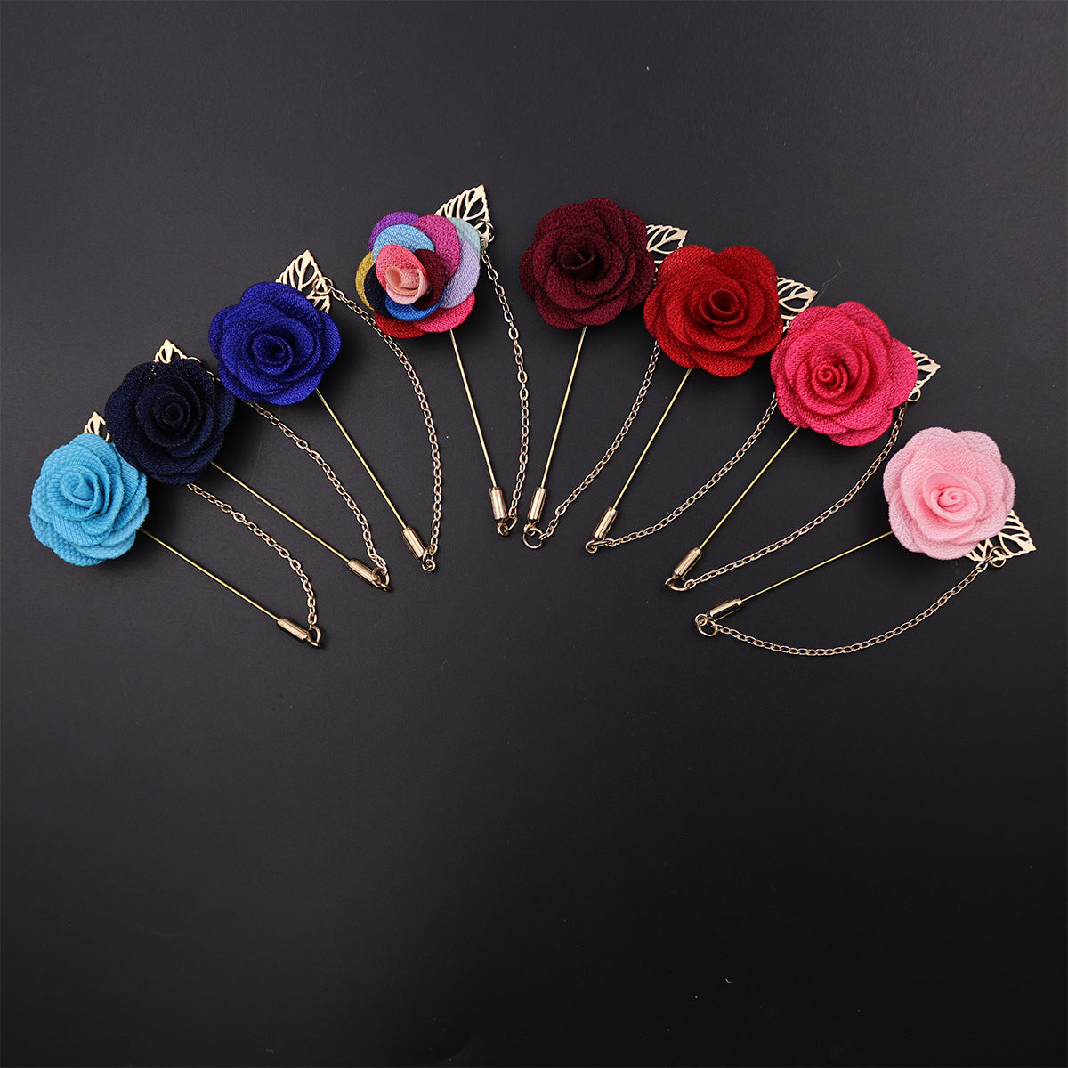 Men's Rose Lapel Pin with Chain in 21 Colors Vintage Flower Brooch
