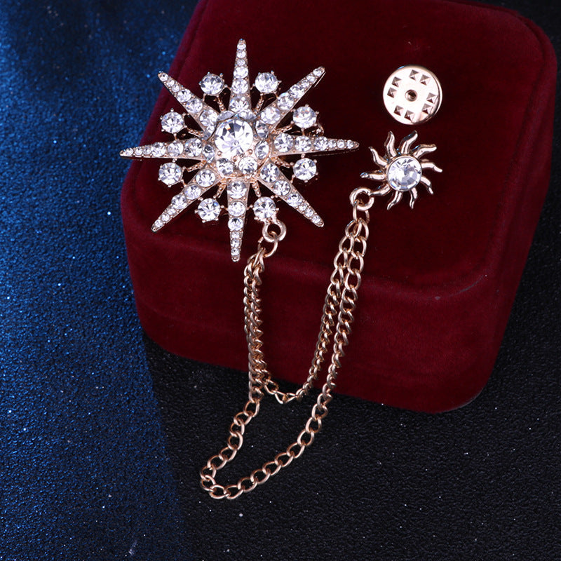 Fringed Star Brooch with Long Tassel Chain Sparkling Lapel Pin for Suit Hat Shirt or Tie