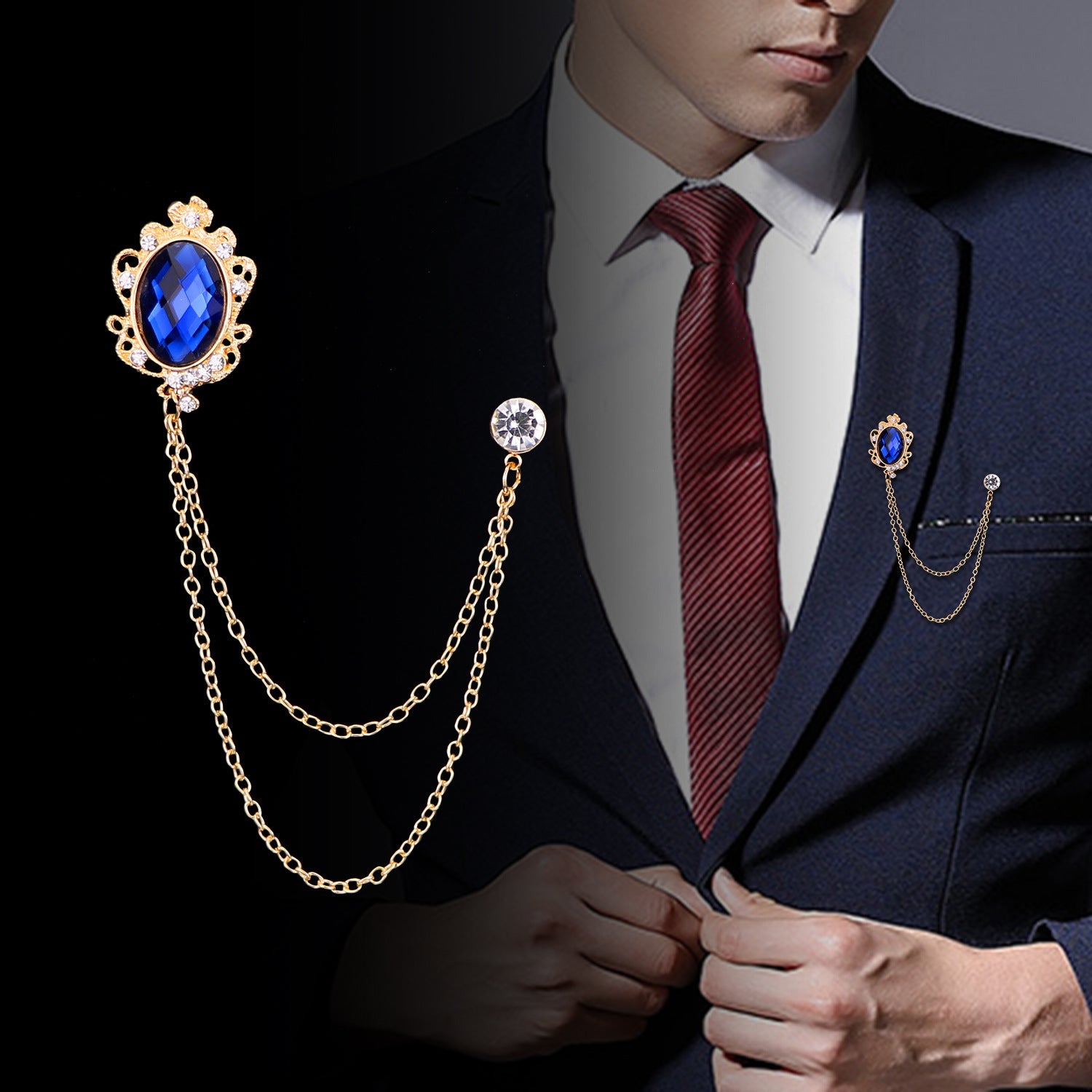 Men's Hanging Chain Brooch Gem Lapel Pin Set for Shirt Tie Suit and Hat