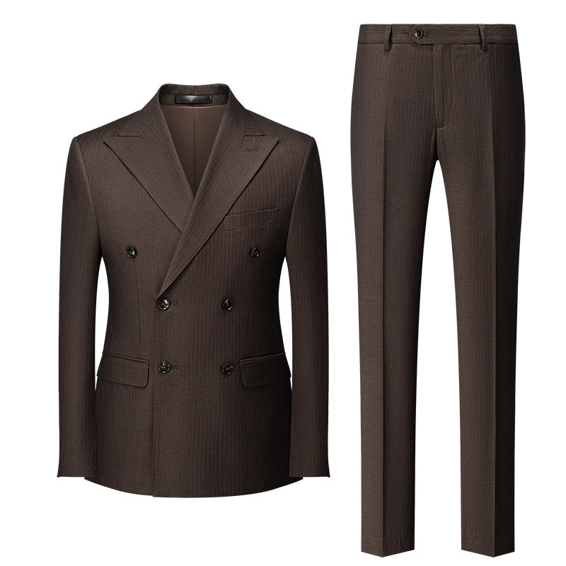 Men's 2-Piece Shadow Stripe Double-breasted Dark Brown Suit