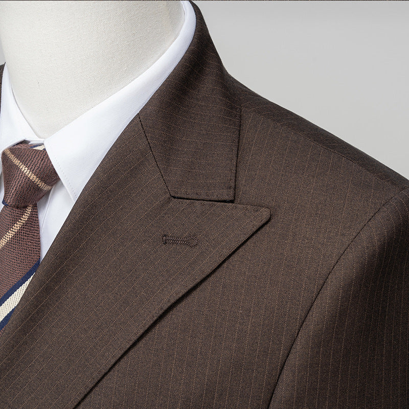 Men's 2-Piece Shadow Stripe Double-breasted Dark Brown Suit