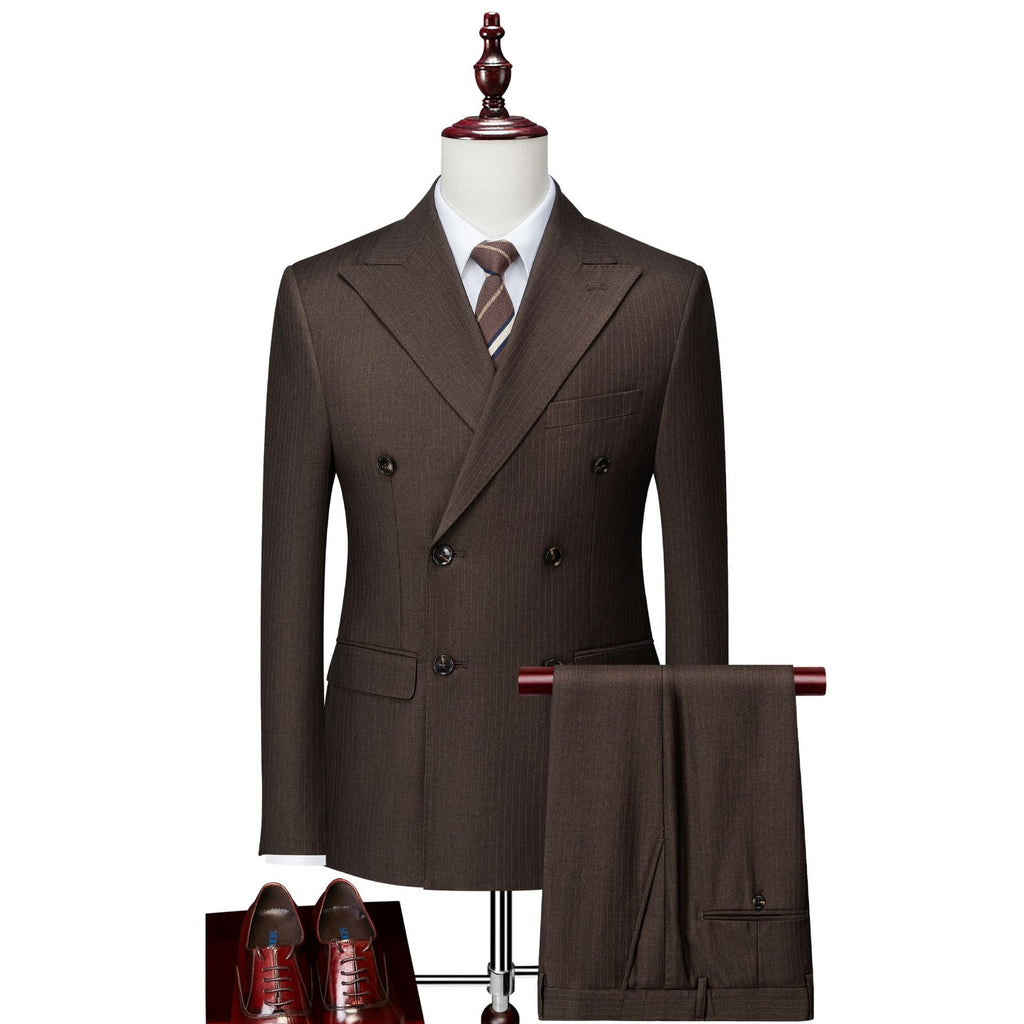 Men's 2-Piece Shadow Stripe Double-breasted Dark Brown Suit
