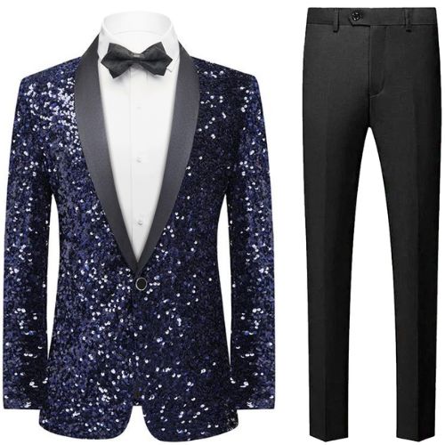 Men's Unique One-Button Full Sequin Navy Jacket