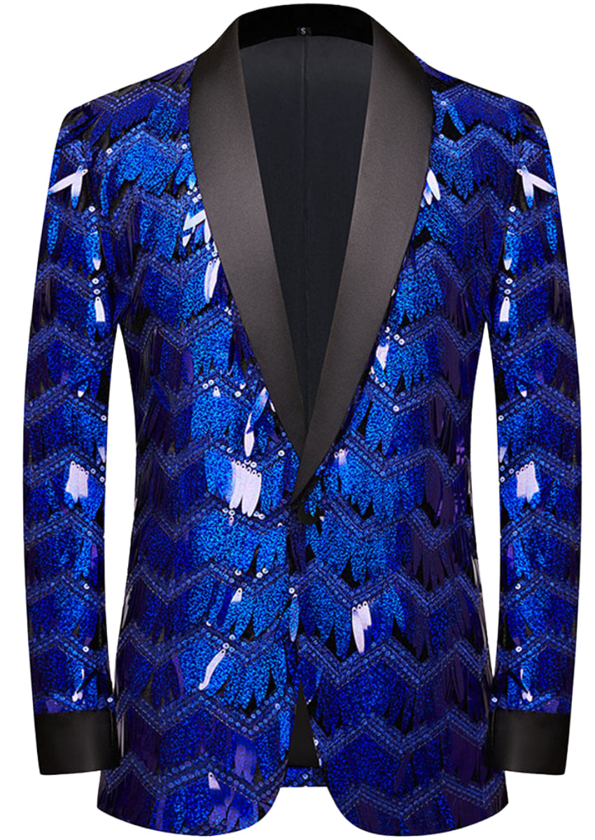 Men's One-Button Geometric Sequin Navy Jacket