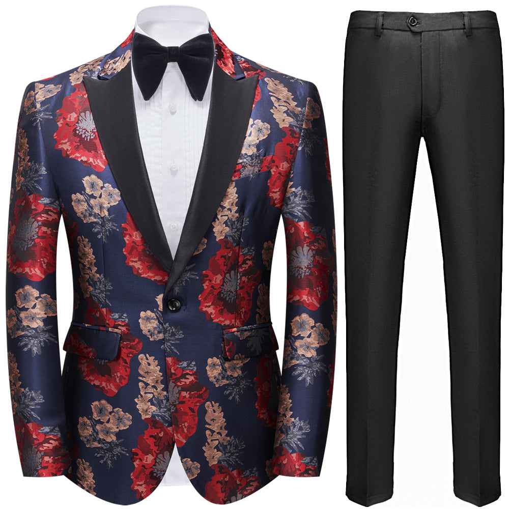 Men's Peak Lapel Red and Gold Floral Print Blazer
