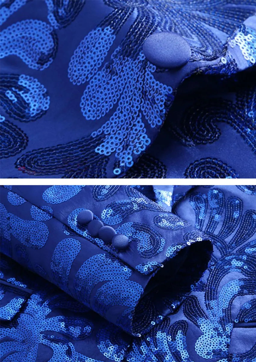 Men's Notch Lapel Embroidered Paisley Navy Sequin Jacket